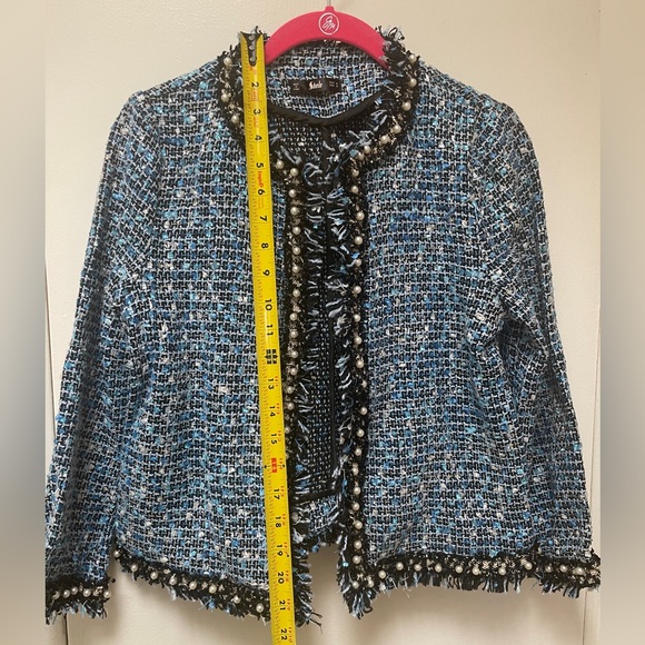 SHEIN Blue Tweed Pearl-Trim Cropped Jacket - Picture 9 of 9